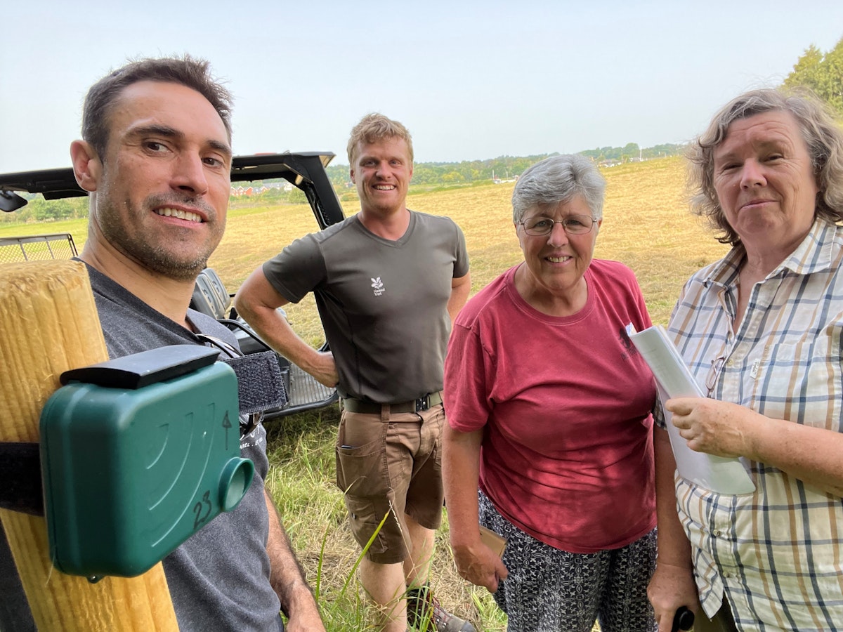 Dr Mark Bowler from the University of Suffolk, Sutton Hoo’s Jonathan Plews, Jane Healey from Transition Woodbridge and Deborah Pratt from Transition Woodbridge with one of the bat detectors at Sutton Hoo